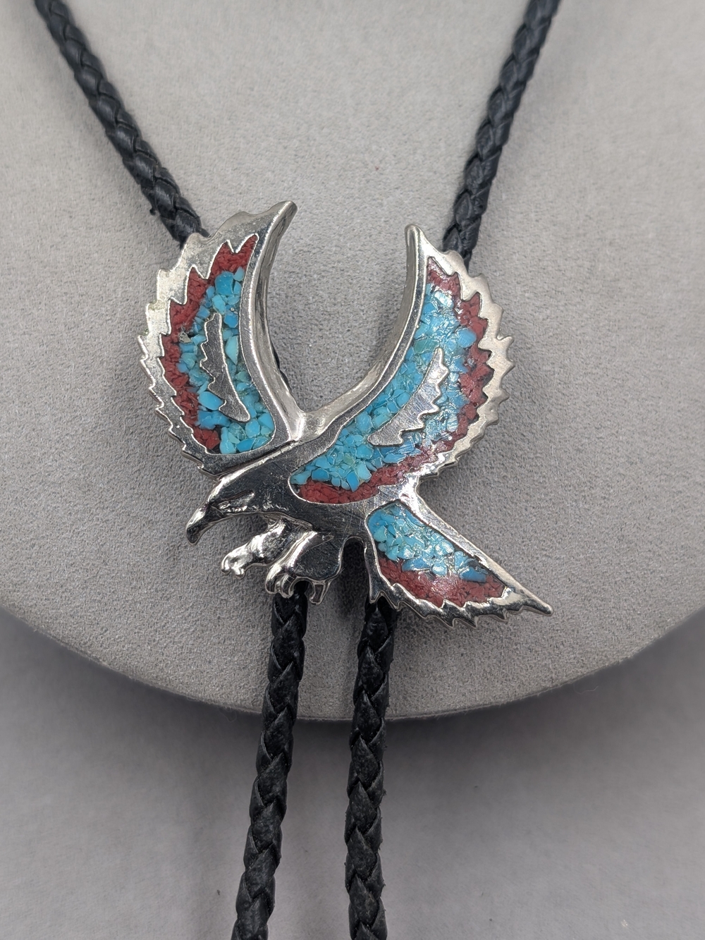 Vintage Turquoise & Coral Eagle Bolo Necklace - Women Jewelry 1216